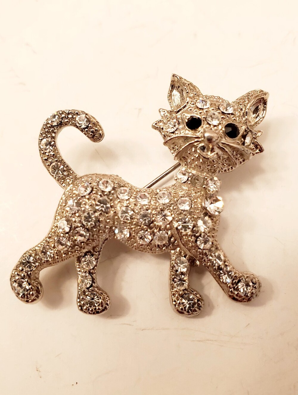Crystal Cat Brooch - Sparkling Pet Jewelry, Small Rhinestones, Silver Tone